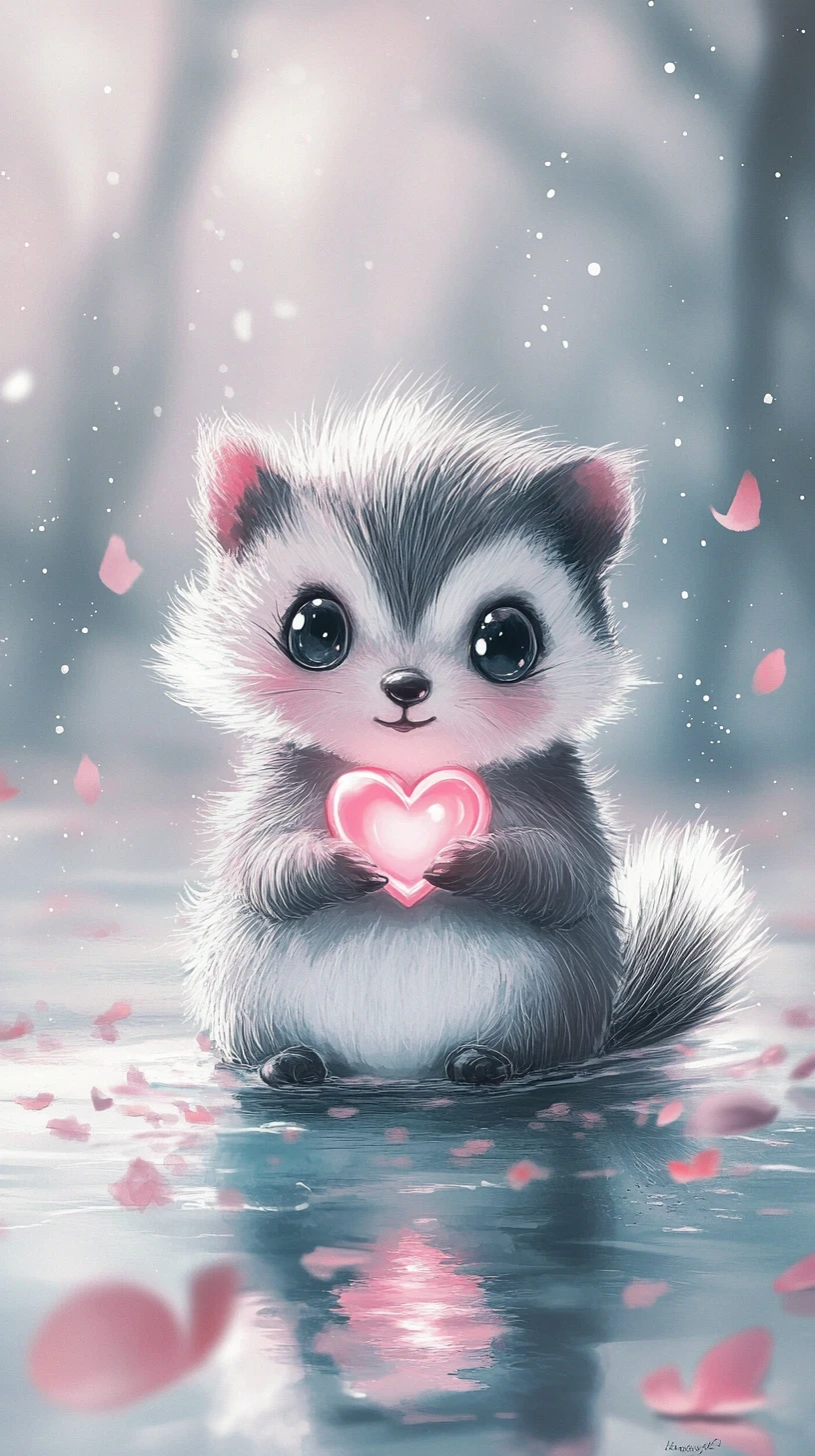 Cute skunk holding a heart in shimmering pastel water