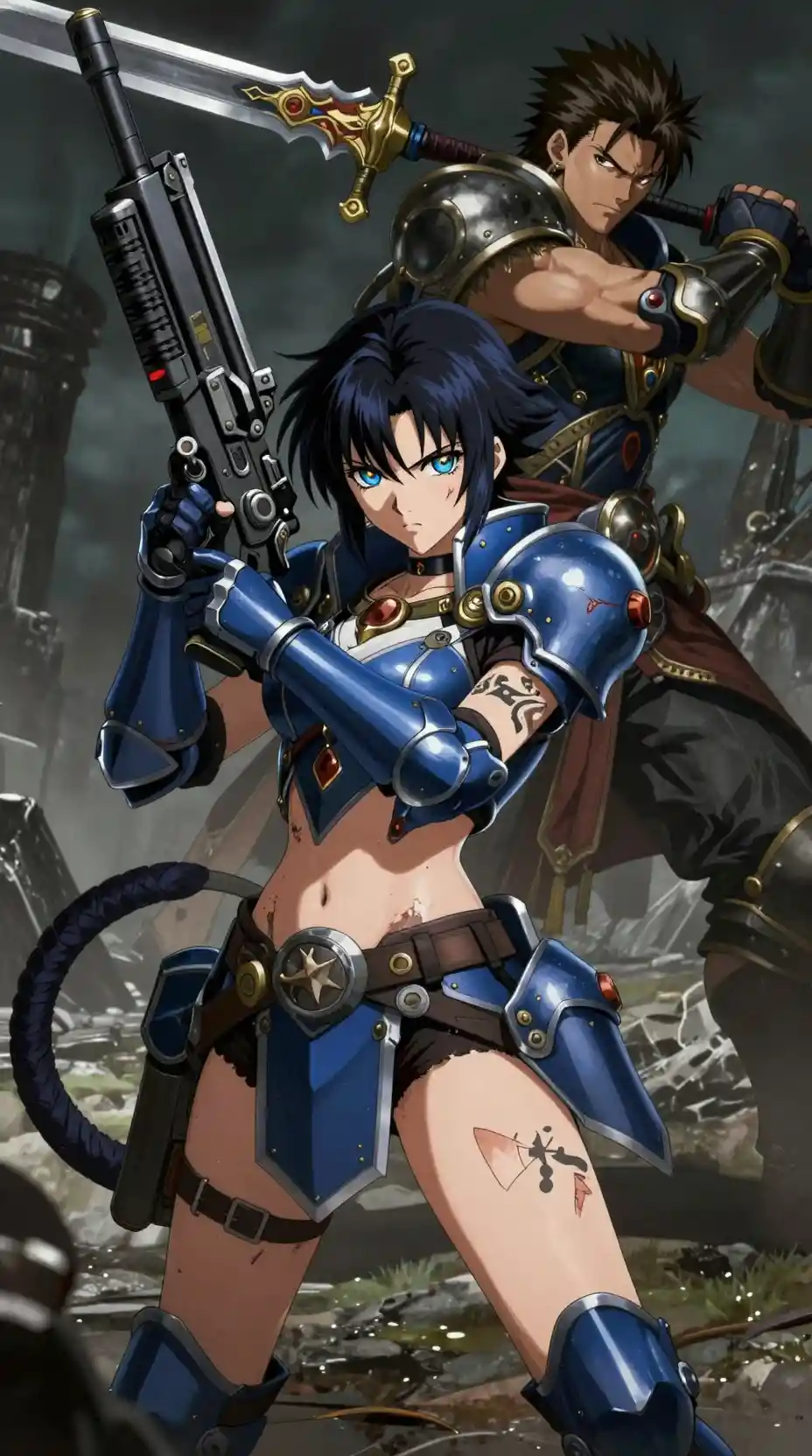 Scarred anime warrior woman with tattoos and blue armor