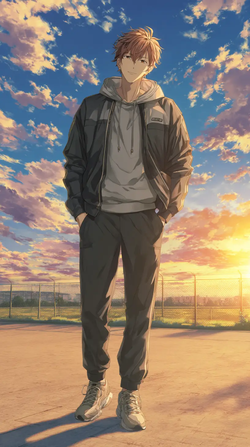 Hombre de anime seguro de sí mismo de pie bajo la cálida luz del atardecer