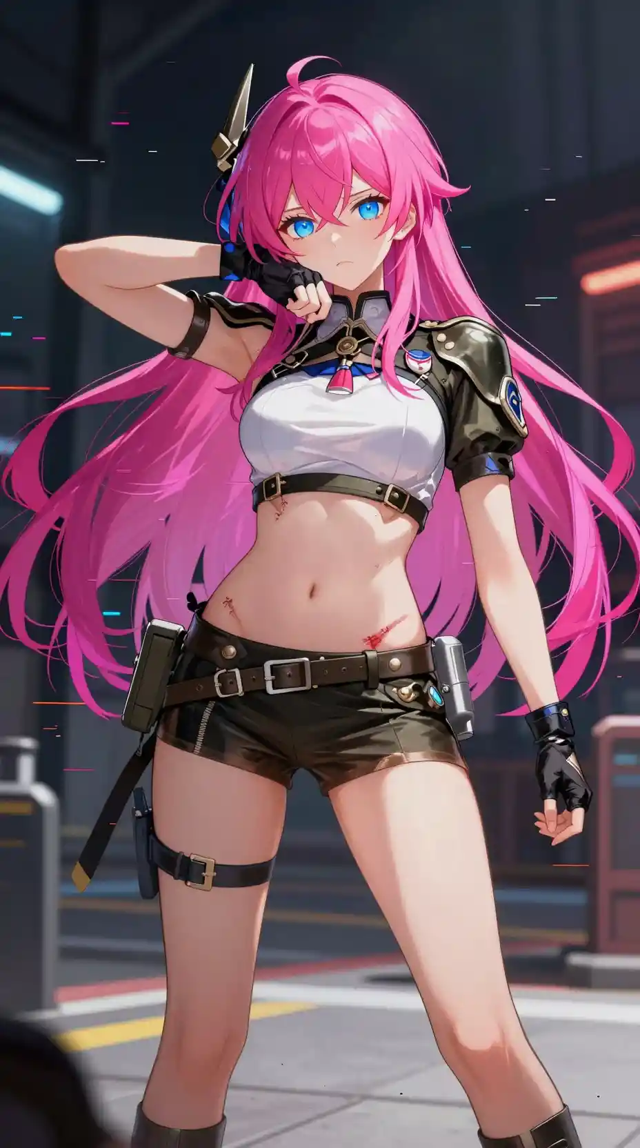 Young anime woman in short military outfit in public
