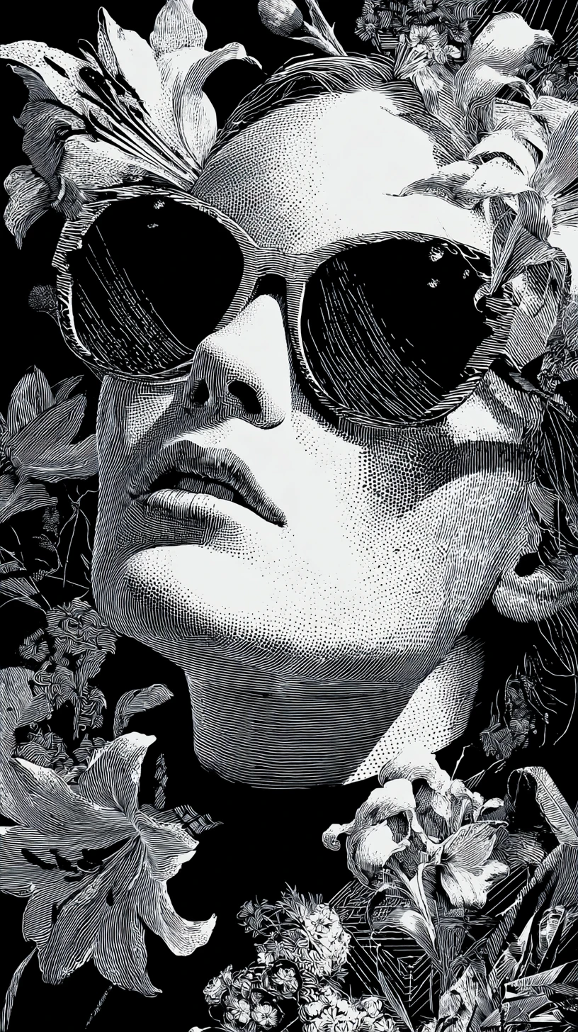Surreal woman in sunglasses with flowers in monochrome portrait