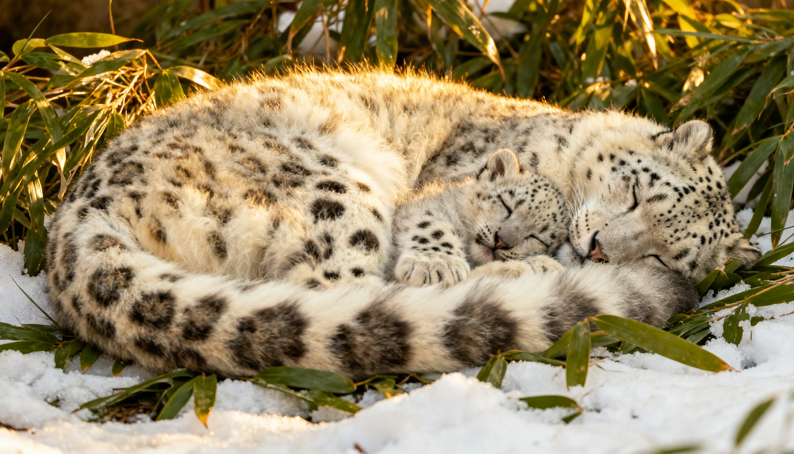 Sleeping snow leopard and cub in a quiet winter forest
