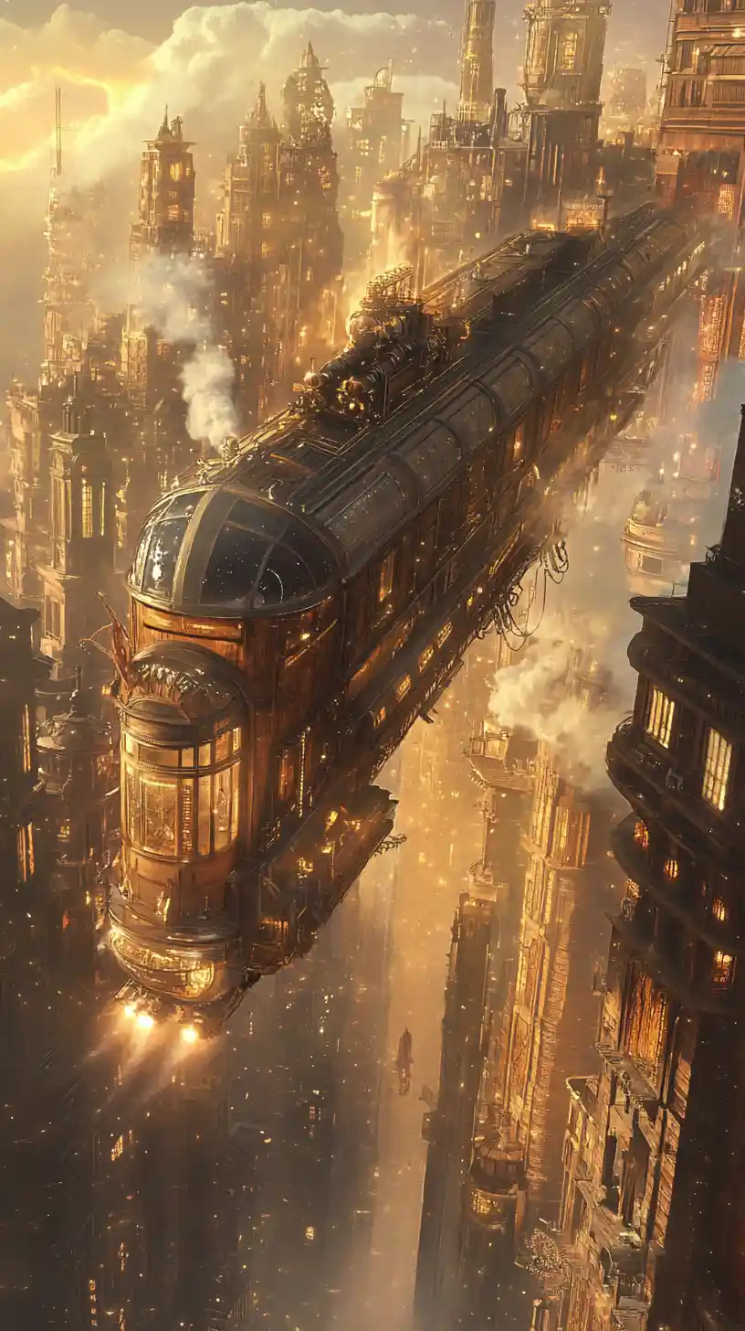 Dirigibile steampunk che domina una metropoli vittoriana luminosa