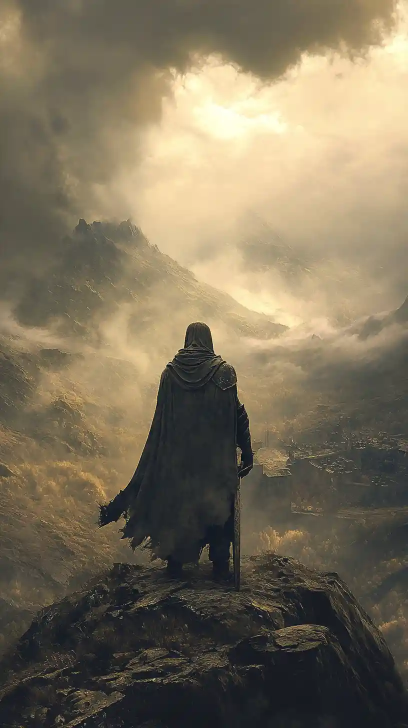 Lone armored warrior on a stormy ancient hilltop