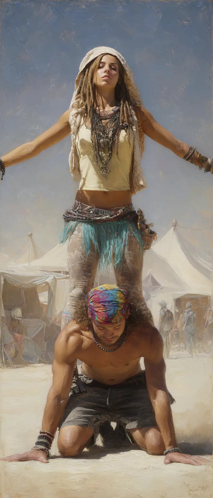 Acrobatic woman balancing over man at sunny desert festival