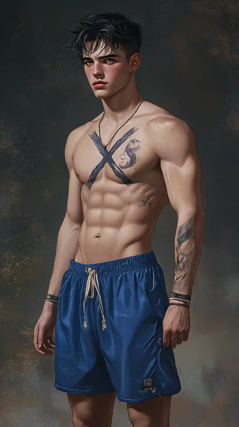 Confident young man with chest scar in blue shorts