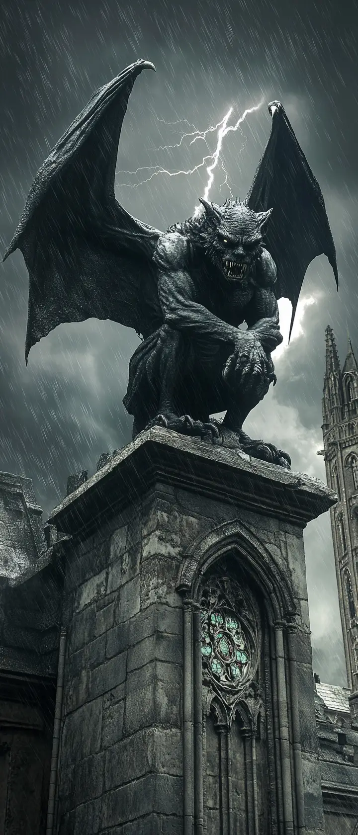 Gargoyle Close Up On Crumbling Gothic Cathedral At Night