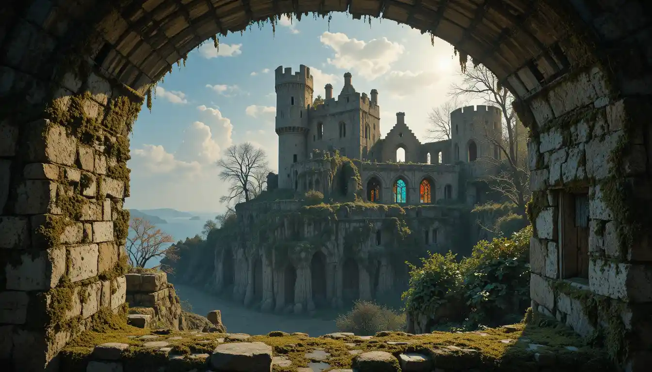 Ruined Castle Window Framing Sun And Moonlit Landscape
