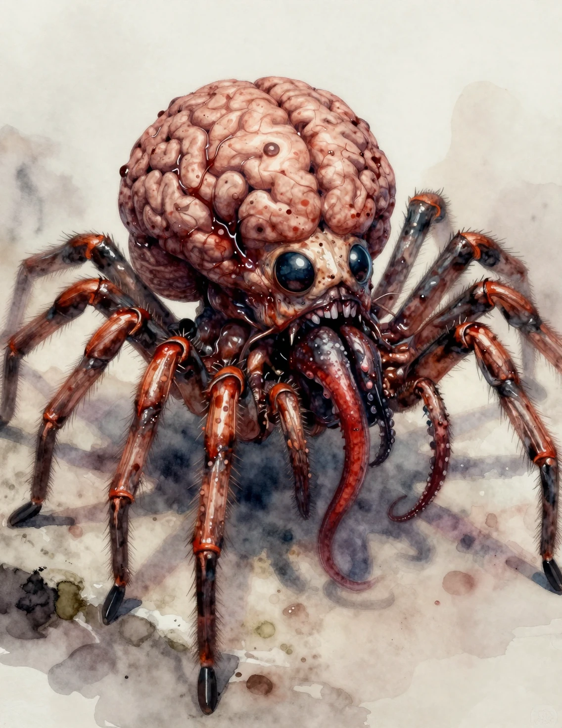 Monstruo araña grotesco de múltiples ojos con cerebro expuesto en ruina apocalíptica