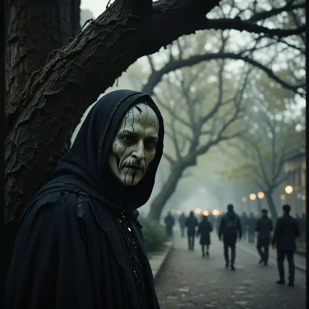 Close up ghost behind an iron tree wearing a broken mask