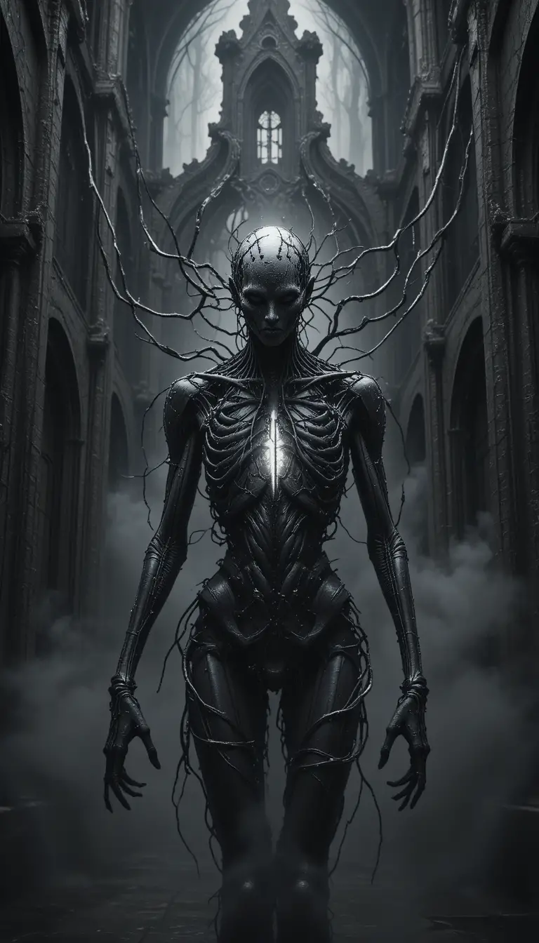 Fragmented biomechanical figure emerging from shadowed depths