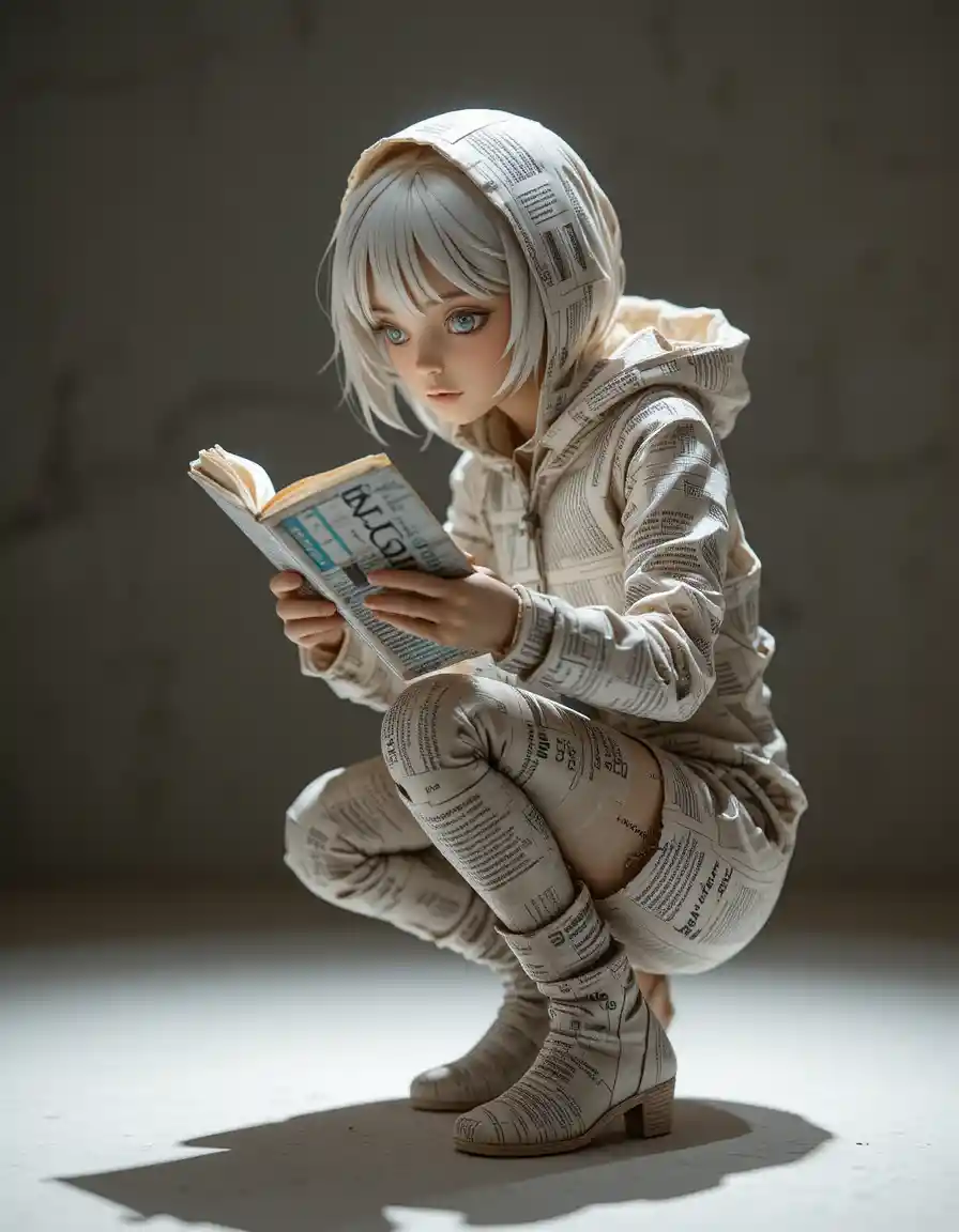 Paper sculpture girl crouching and quietly reading a book