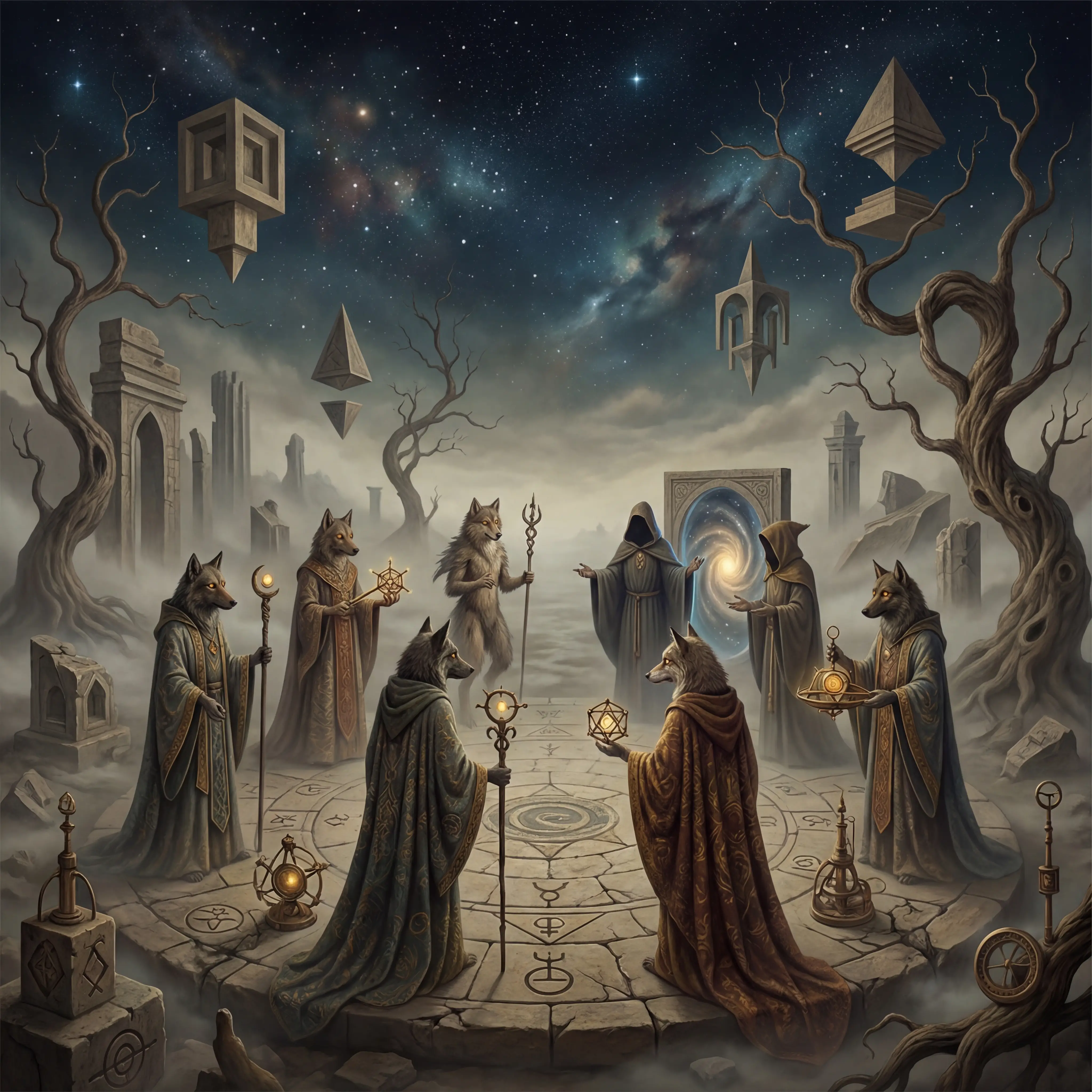Canine humanoids dancing in a mystical surreal landscape