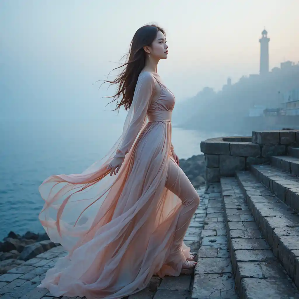 Große Koreanerin im transparenten Kleid vor dem Meer im Morgengrauen