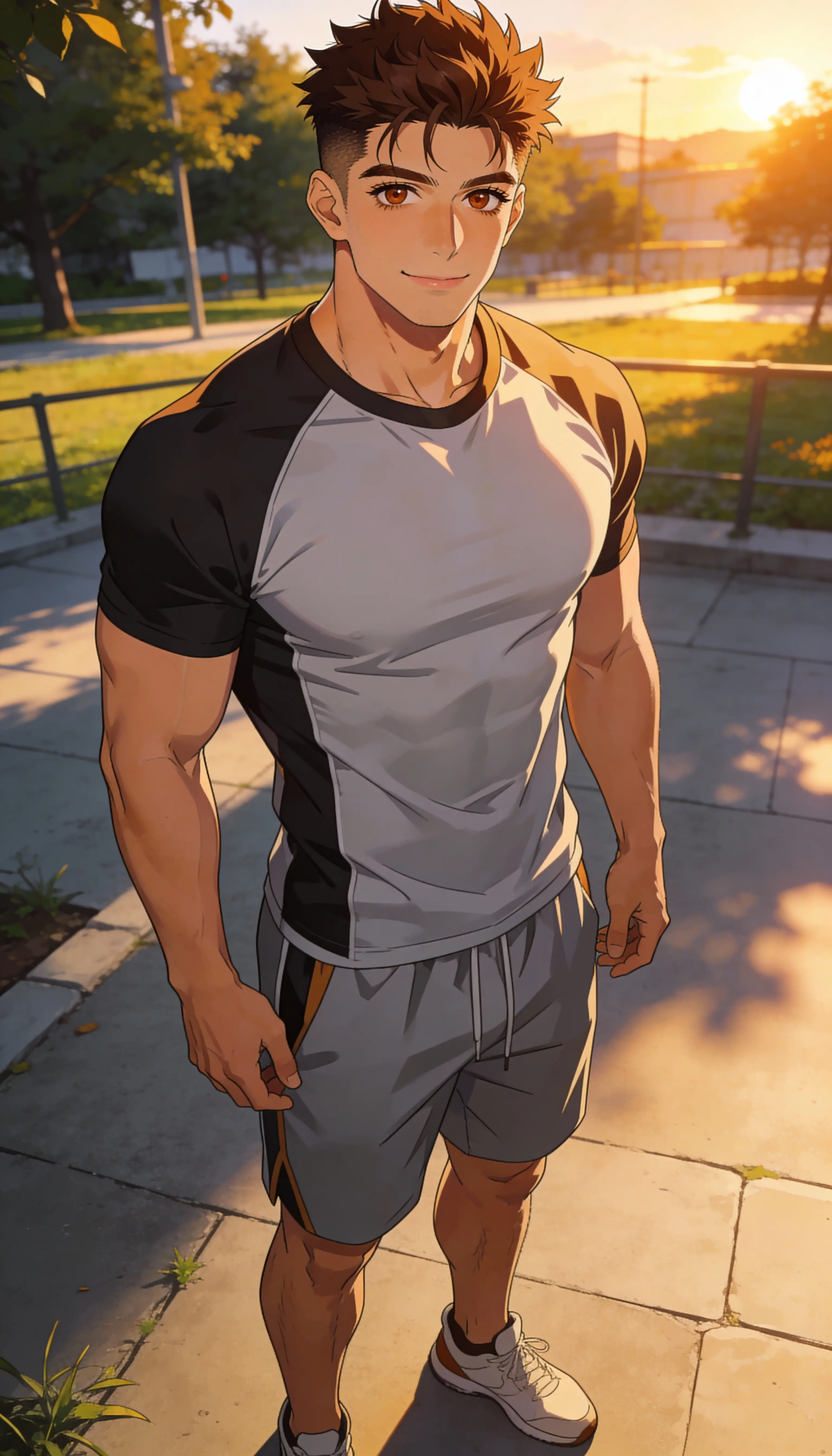 Joven confiado en estilo anime al atardecer cálido