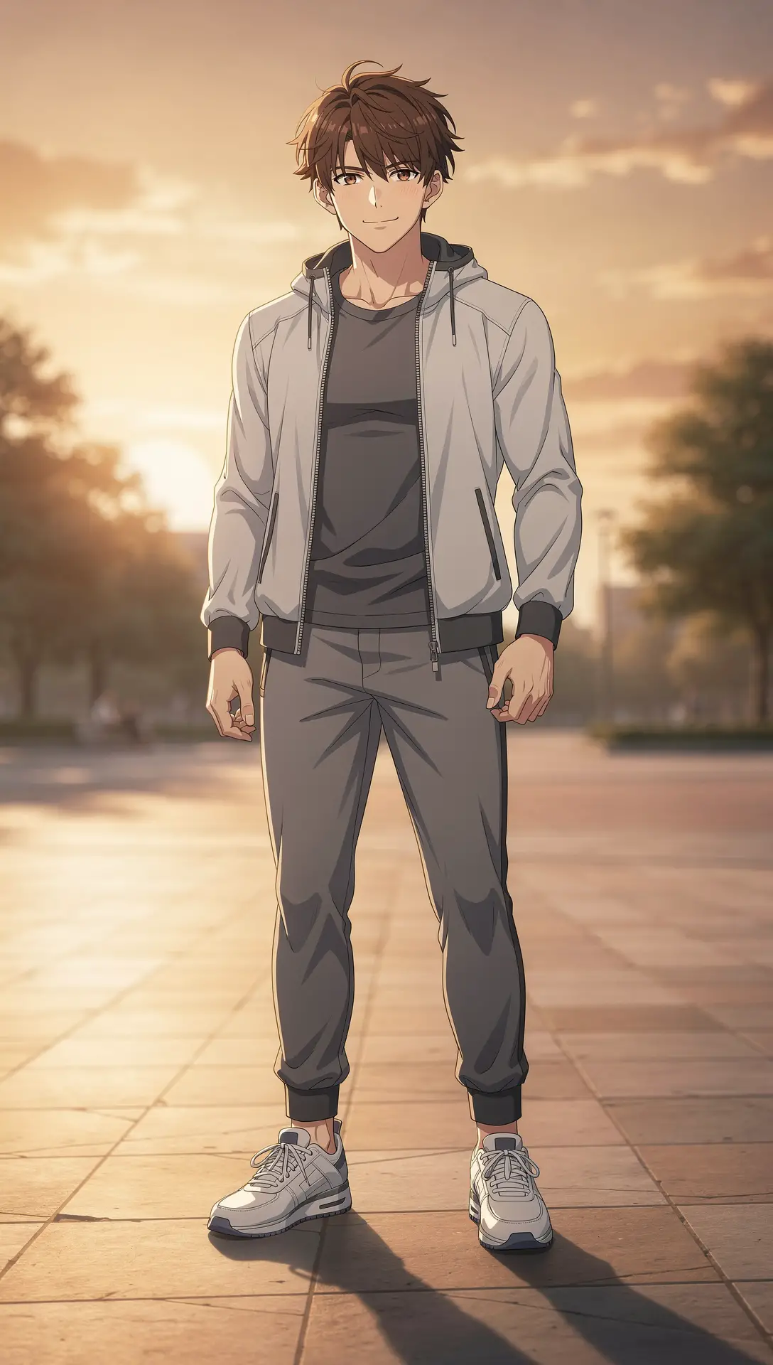 Hombre de anime confiado al atardecer en una escena soleada al aire libre