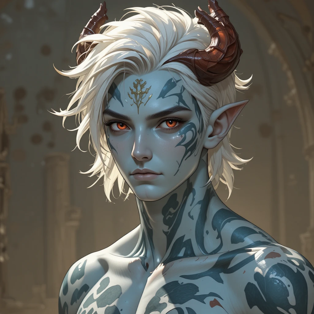 Young fantasy warrior man with white hair and red eyes