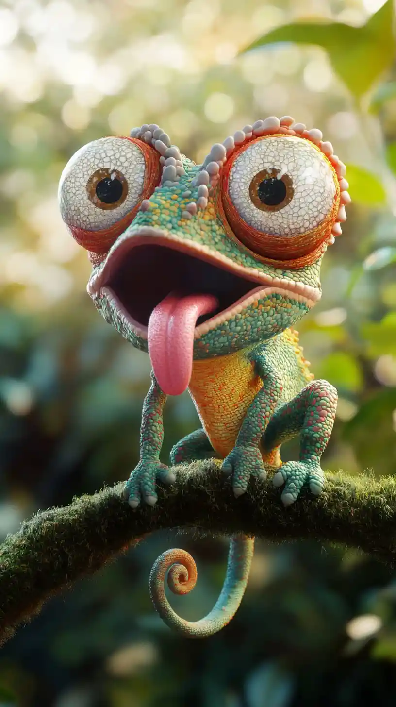 Playful cartoon chameleon on a mossy branch in jungle light