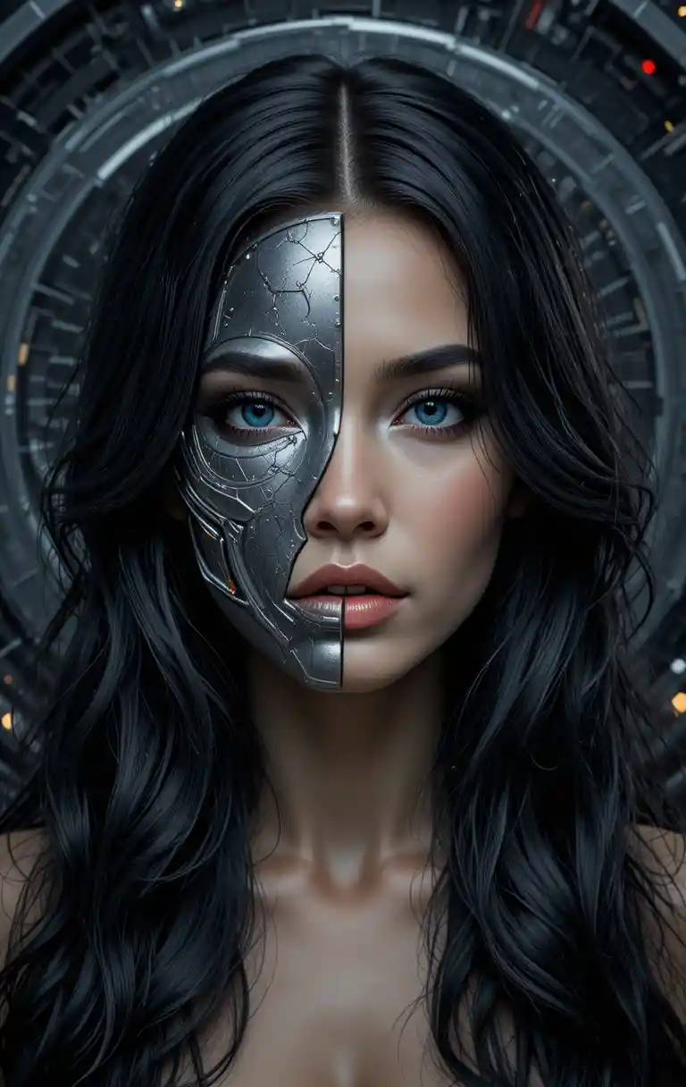 Woman half human half robot in dark metallic swirl