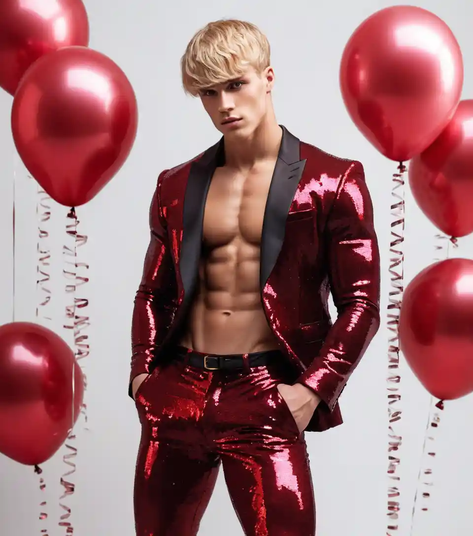 Fit blond man in sequined suit posing at valentine party