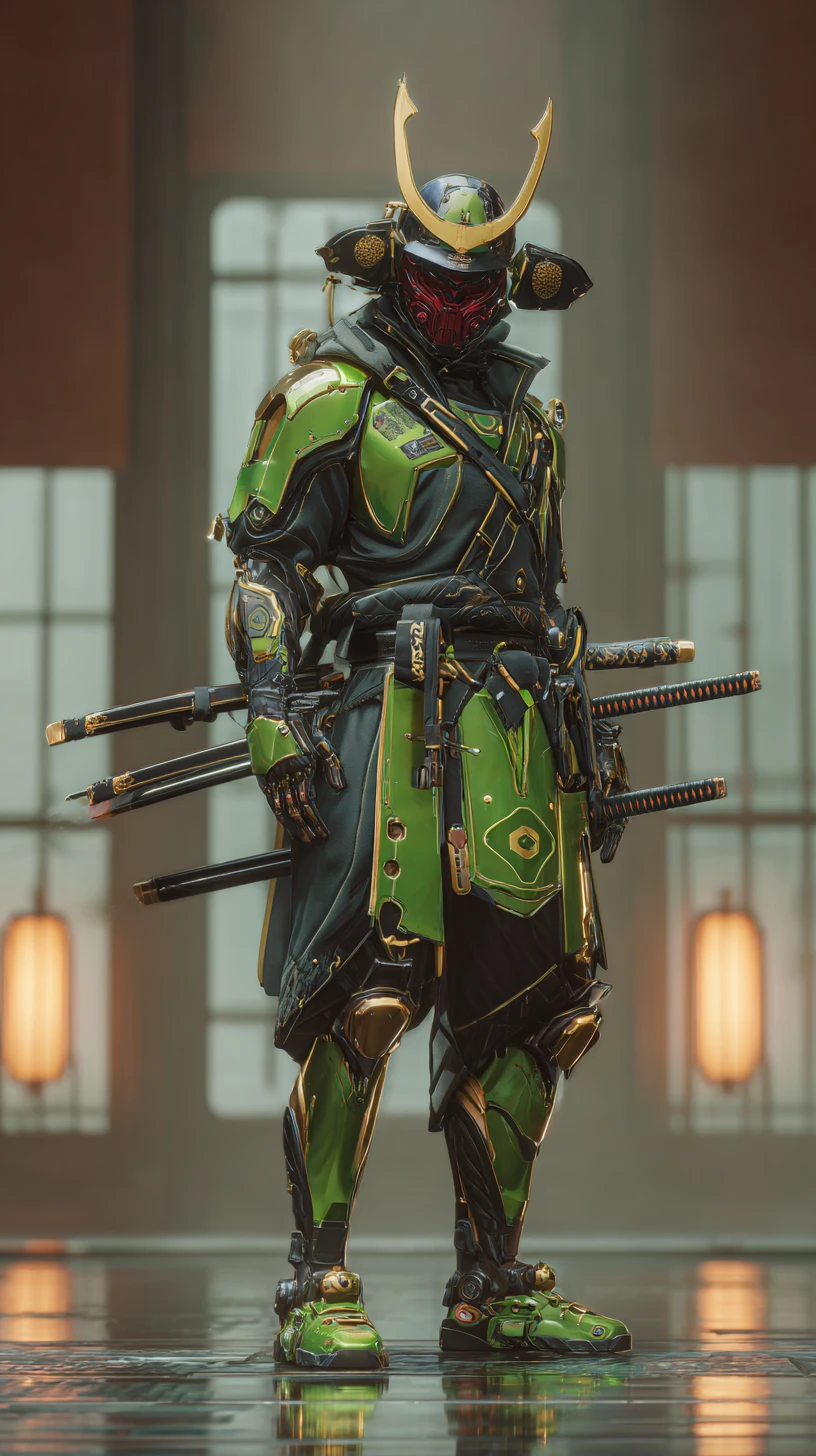 Samurai afrofuturista in armatura lucente con katana luminose
