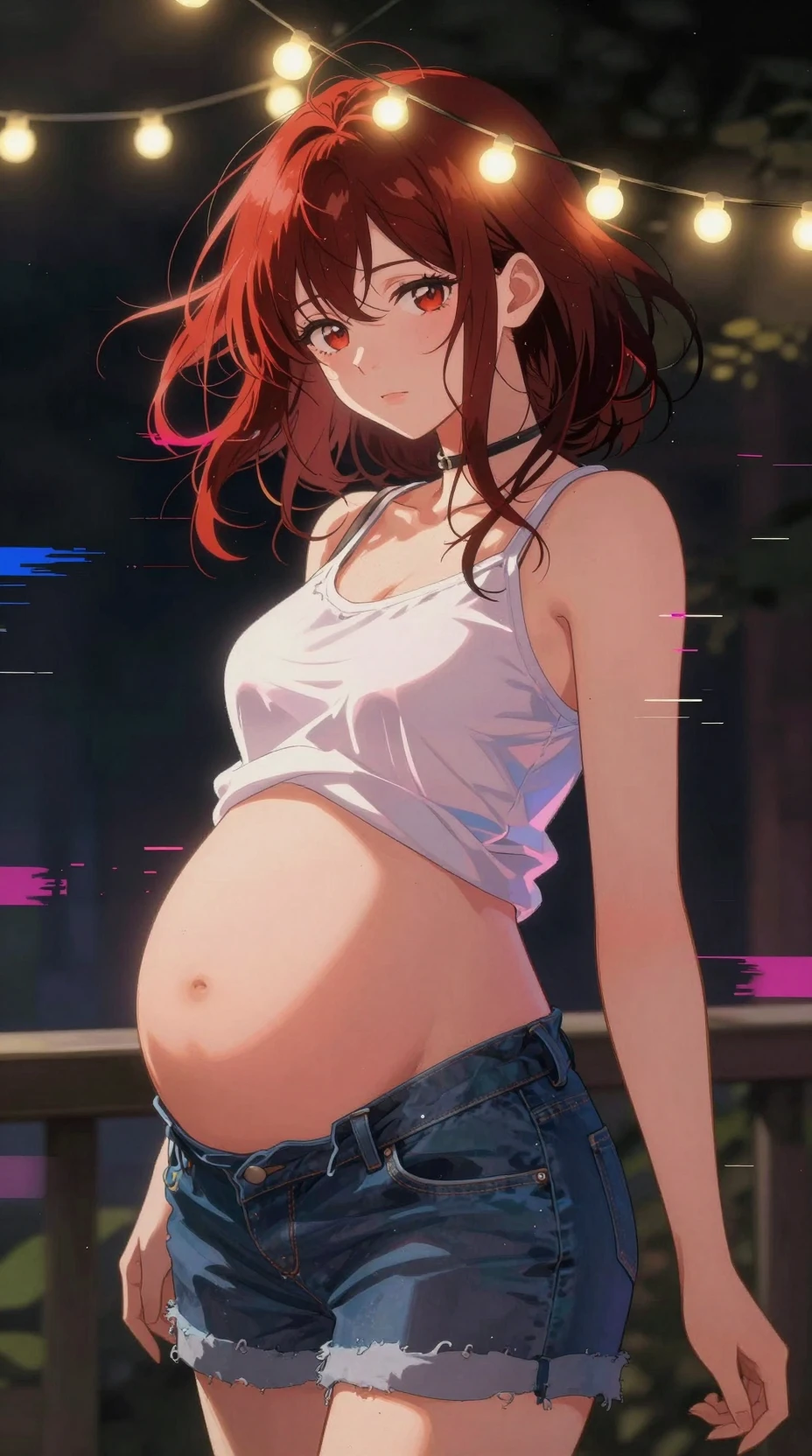 Pregnant Anime Girl Under Fairy Lights In Casual Summer Wear