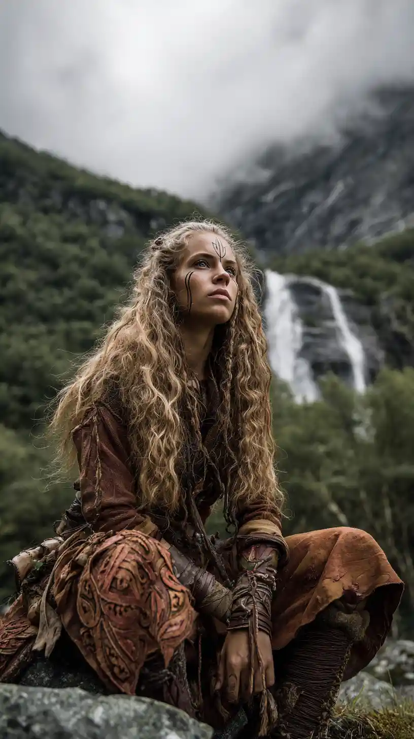 Nordic shaman woman in mystical mountain and forest realm