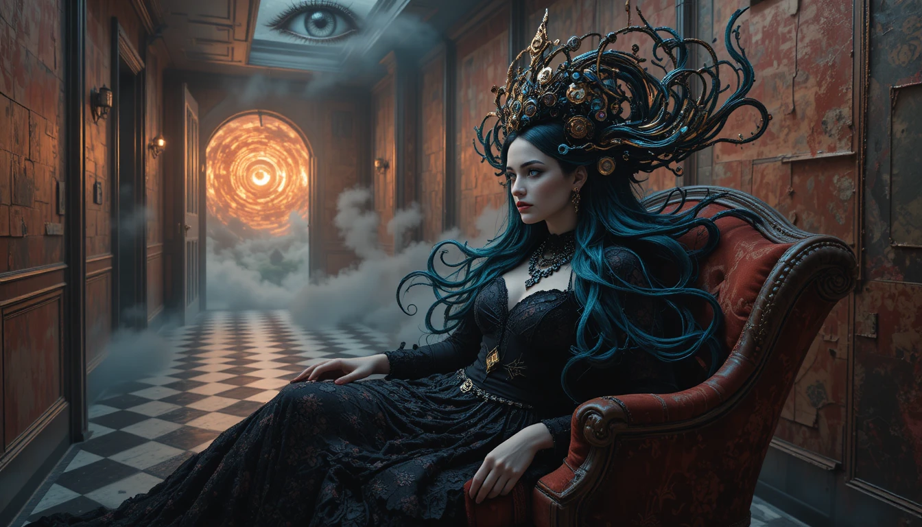 Surreal hallway with checkered floor and distant watching eye