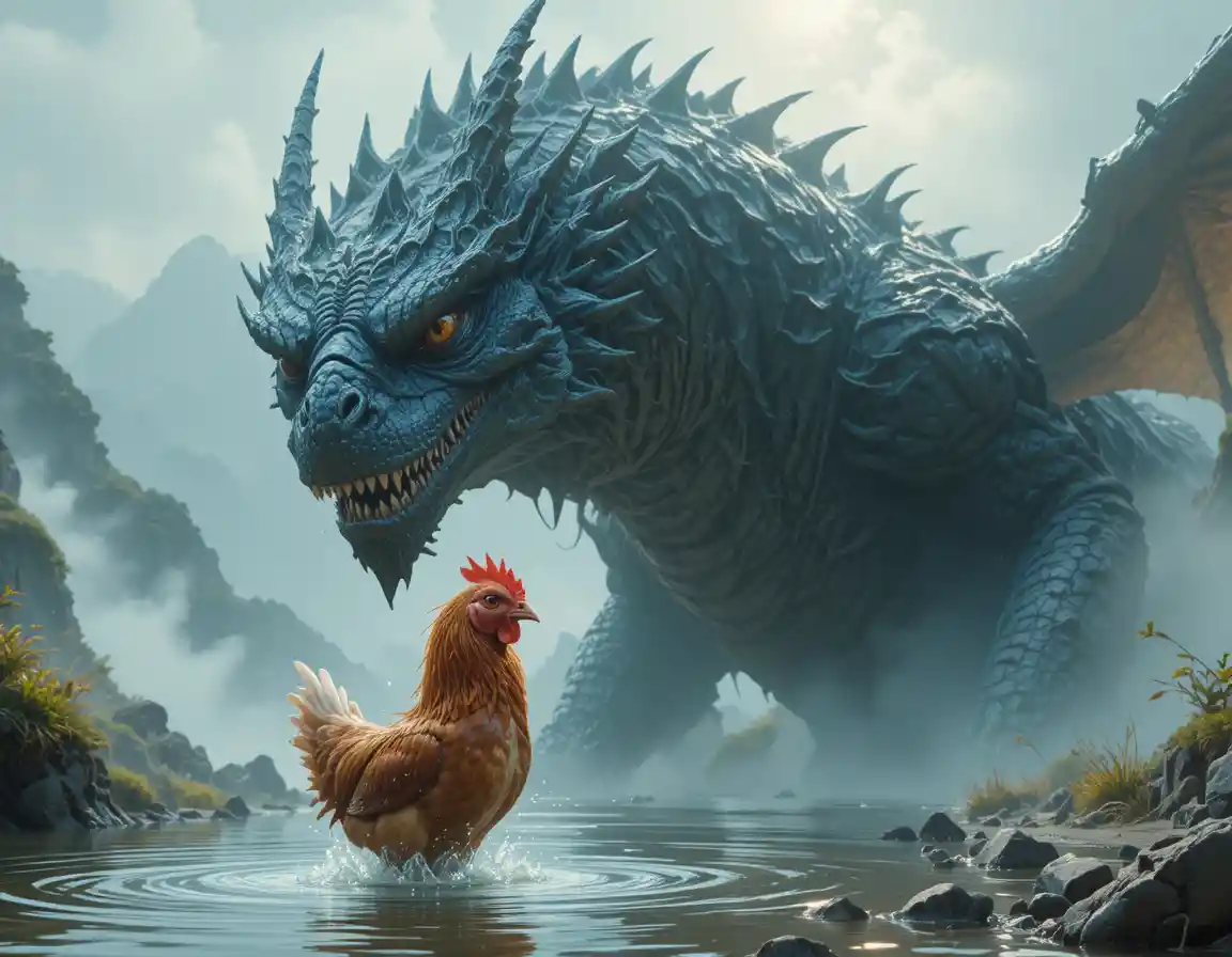 Gallina affronta un drago imponente in acque luminose e nebbiose