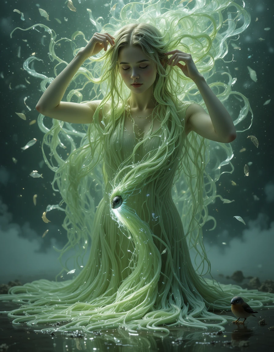 Woman with flowing river hair shaped by time and memory