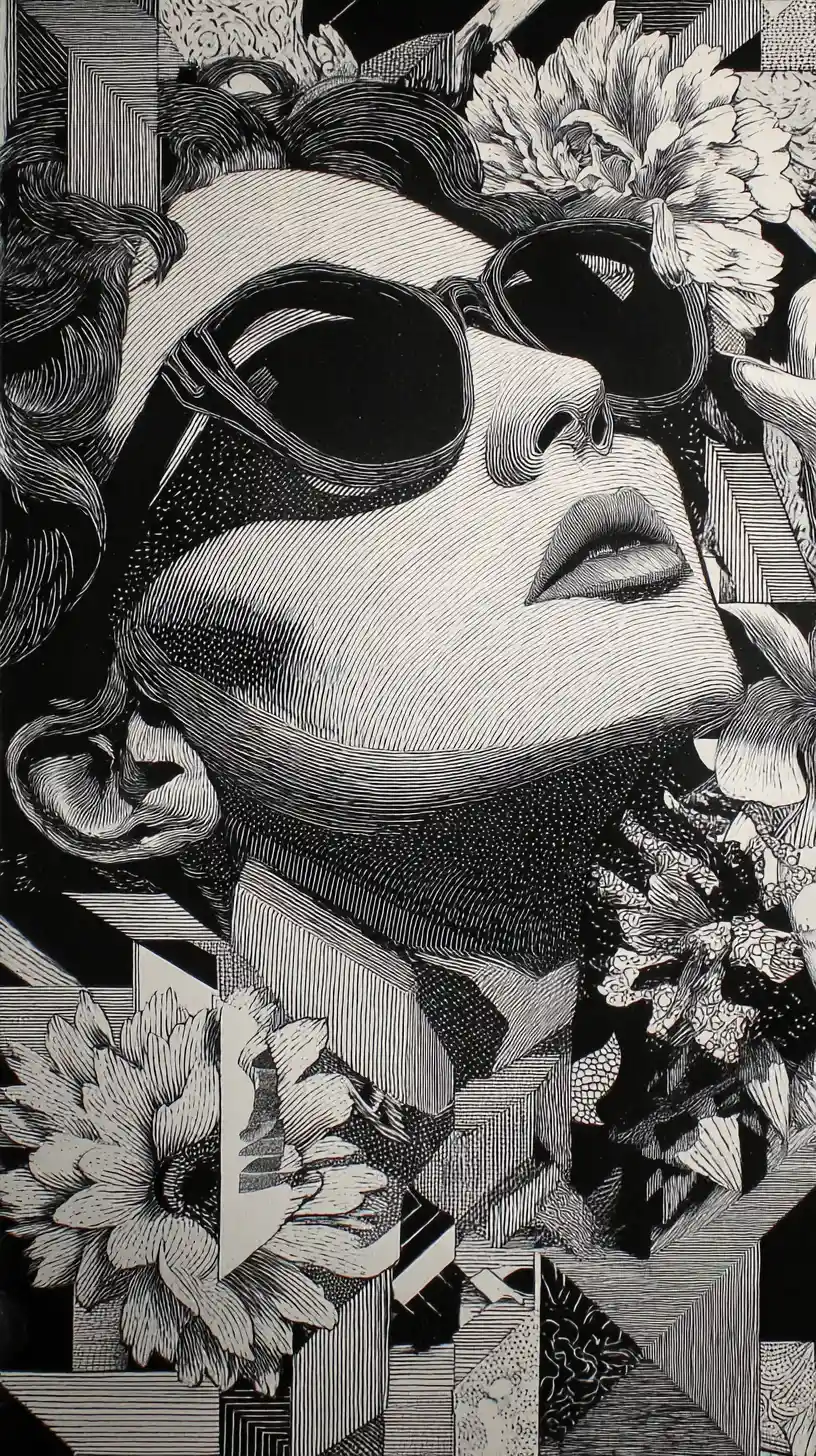 Woman with flowers and sunglasses in surreal monochrome portrait
