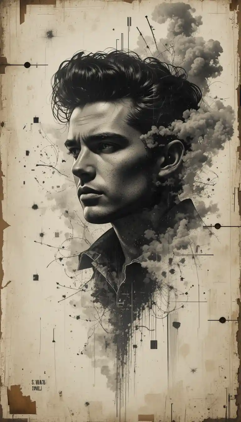 Fragmented monochrome male portrait in abstract collage style
