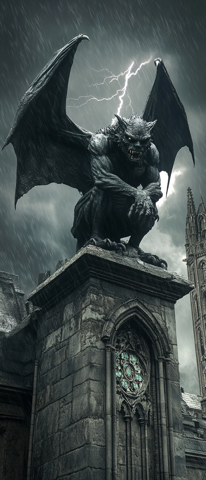 Primo Piano di Gargoyle su Cattedrale Gotica Fatiscente di Notte