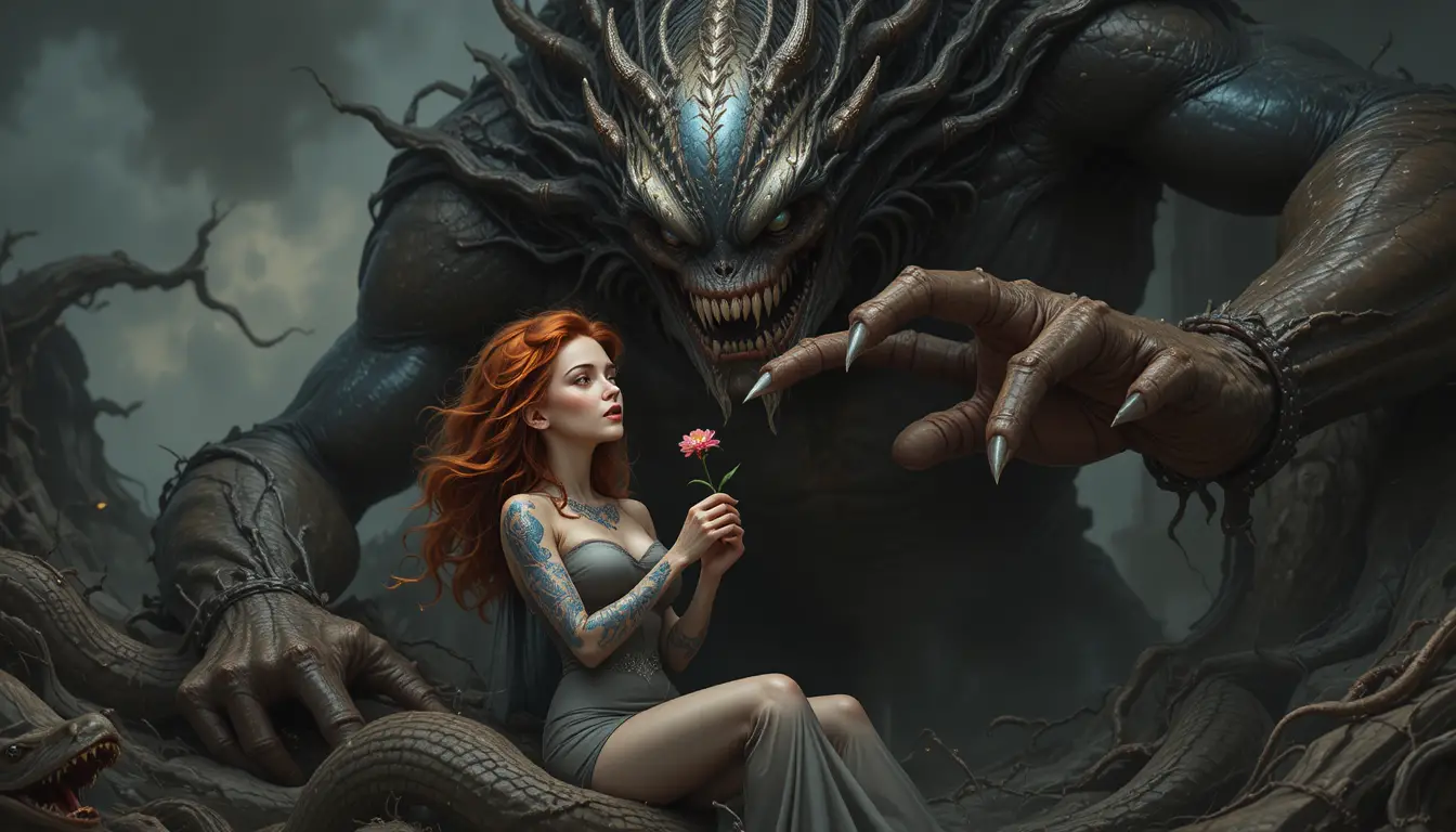 Fantasy woman with flower beneath towering demonic monster