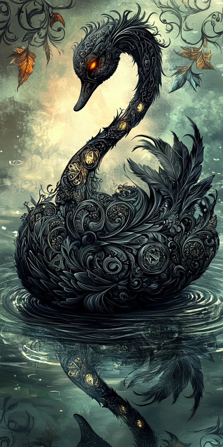 Cisne de fantasía gótica con intrincados patrones ornamentales oscuros