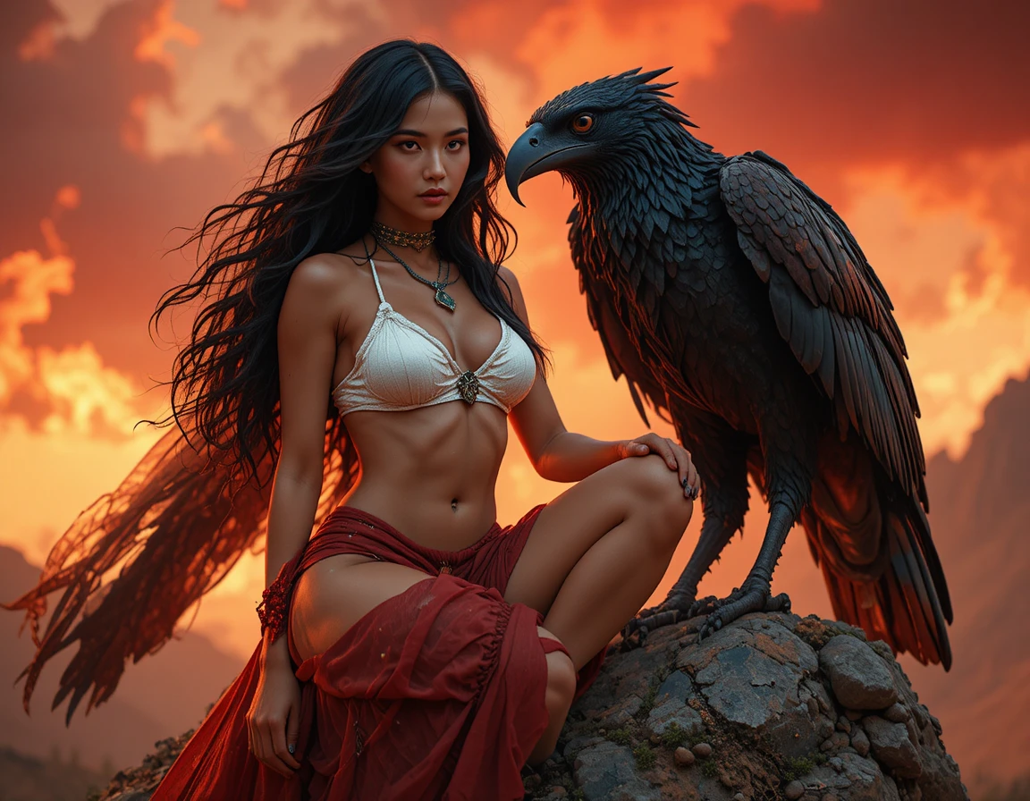 Strong woman with fierce bird in fiery fantasy scene