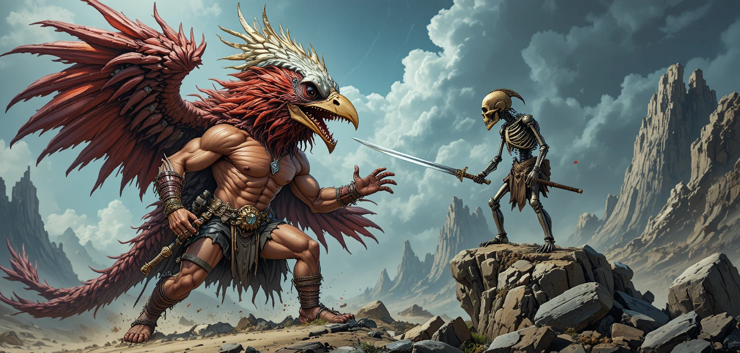 Muscular fantasy warrior battling giant red feathered bird
