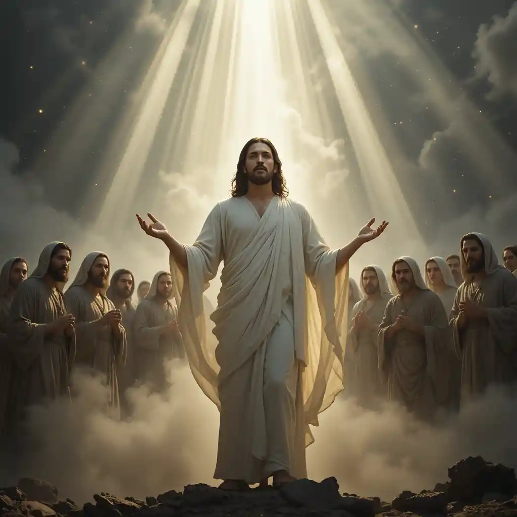 Jesus in white robe surrounded by protective followers