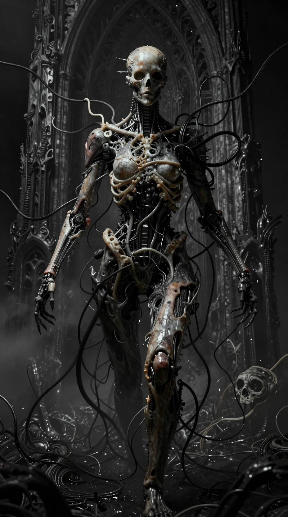 Alma humanoide biomecánica luchando en un espacio surrealista y sombrío