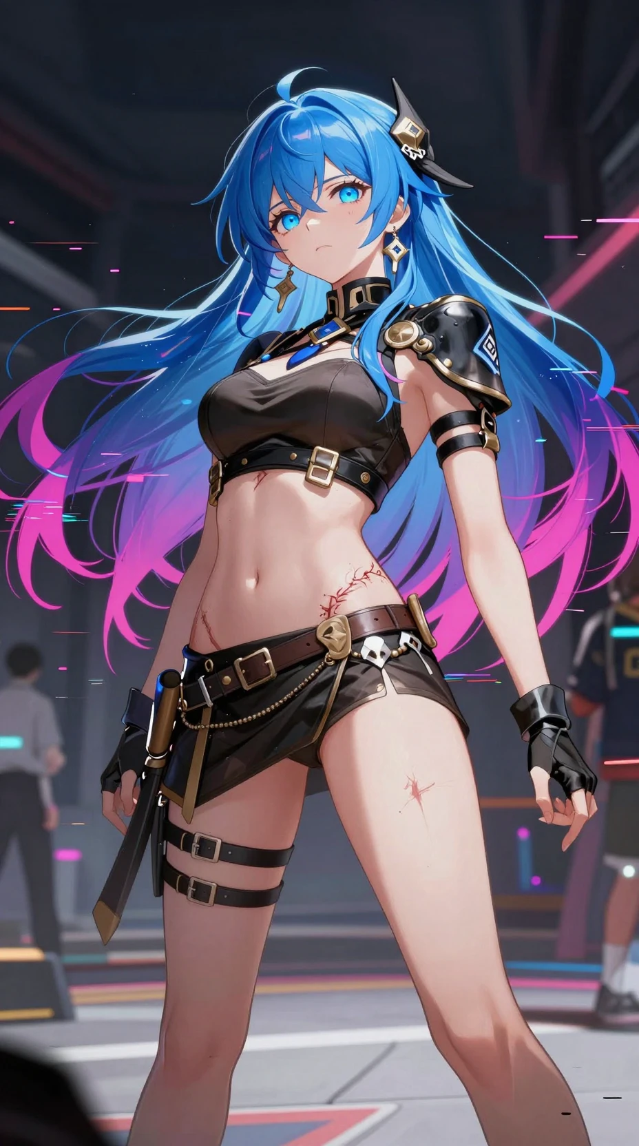 Anime woman with blue eyes posing in public space