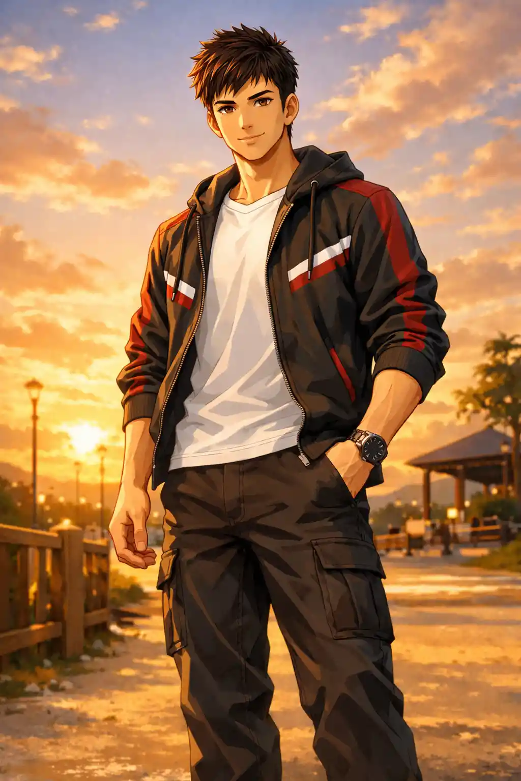 Hombre de anime confiado al atardecer en un espacio abierto y soleado