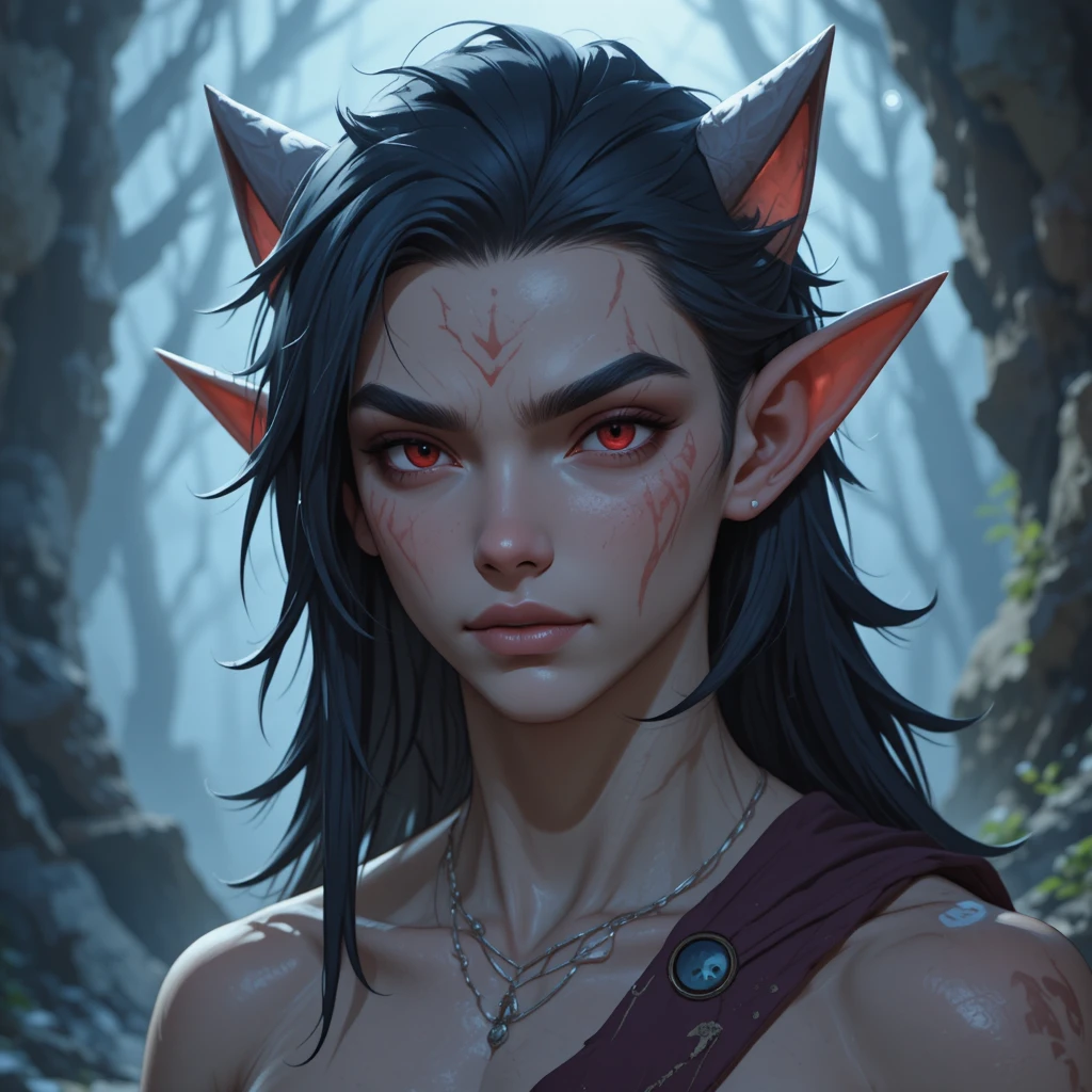 Joven hechicero hombre lobo de cabello oscuro, piel pálida y ojos rojos