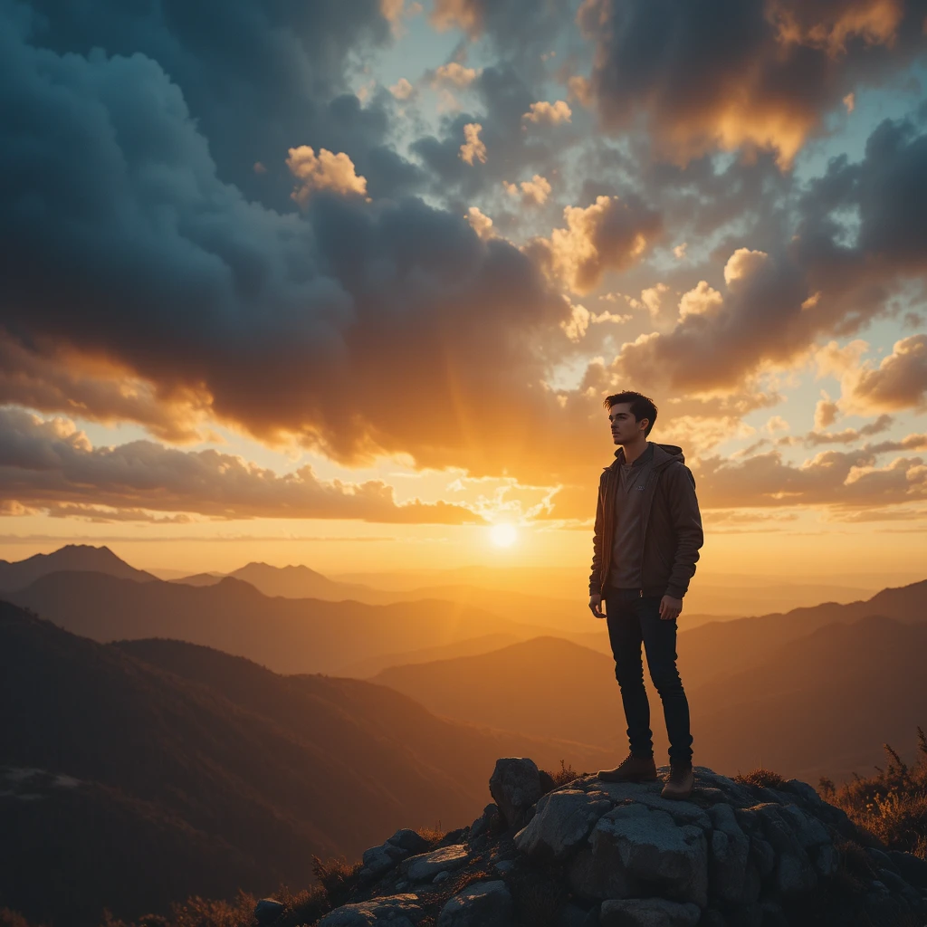 Hombre confiado en una montaña al amanecer bajo una luz dorada