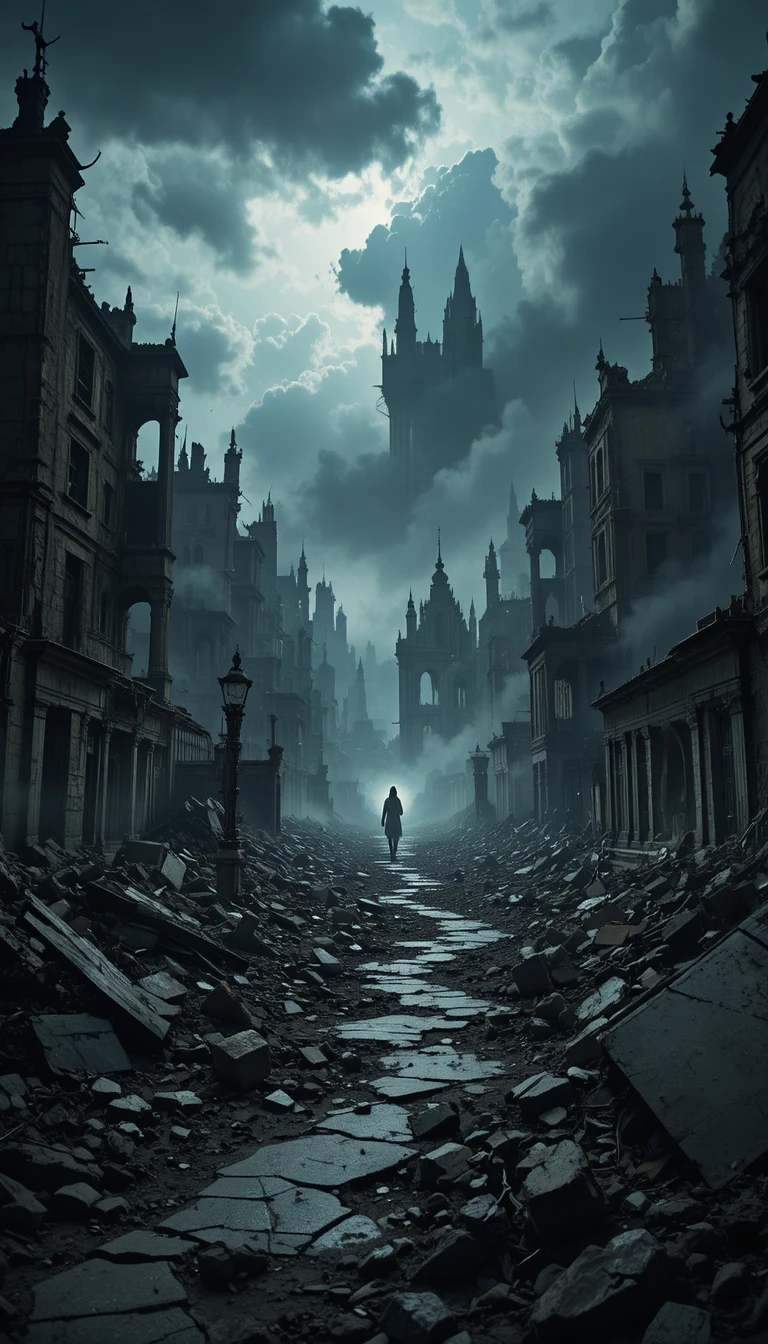 Ominous Post Apocalyptic City Ruins Under Stormy Sky