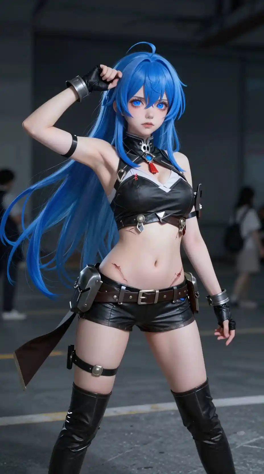 Anime woman in short military outfit in public space