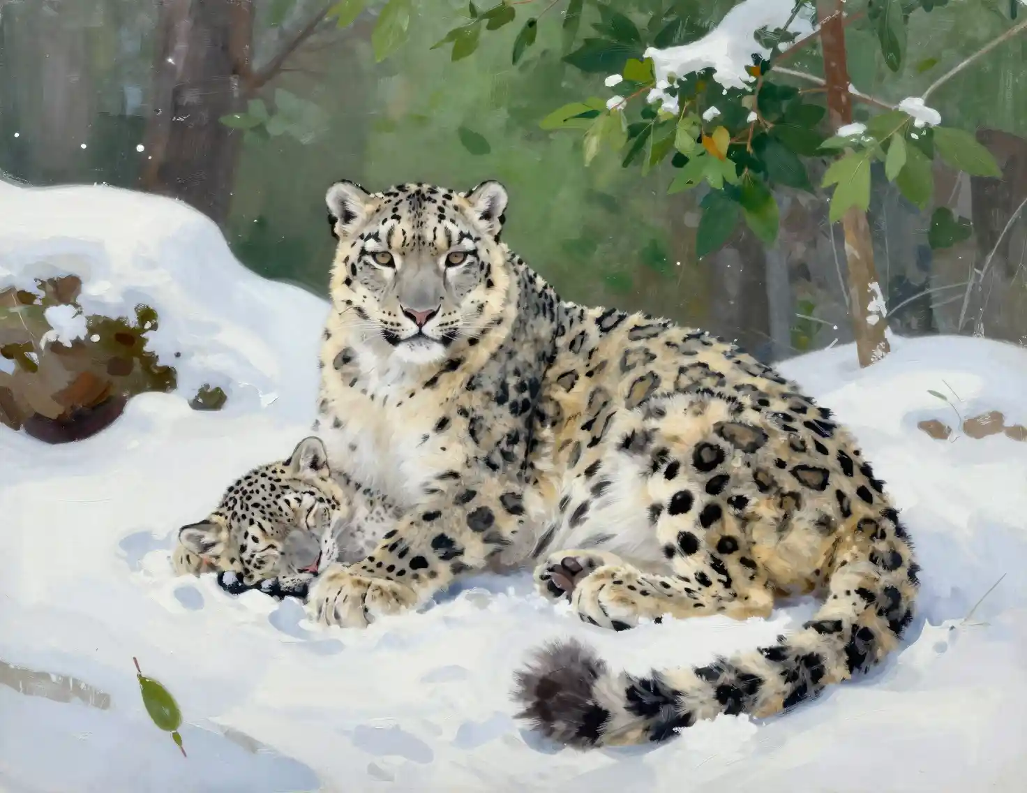Snow leopard mother and cub sleeping in snowy forest