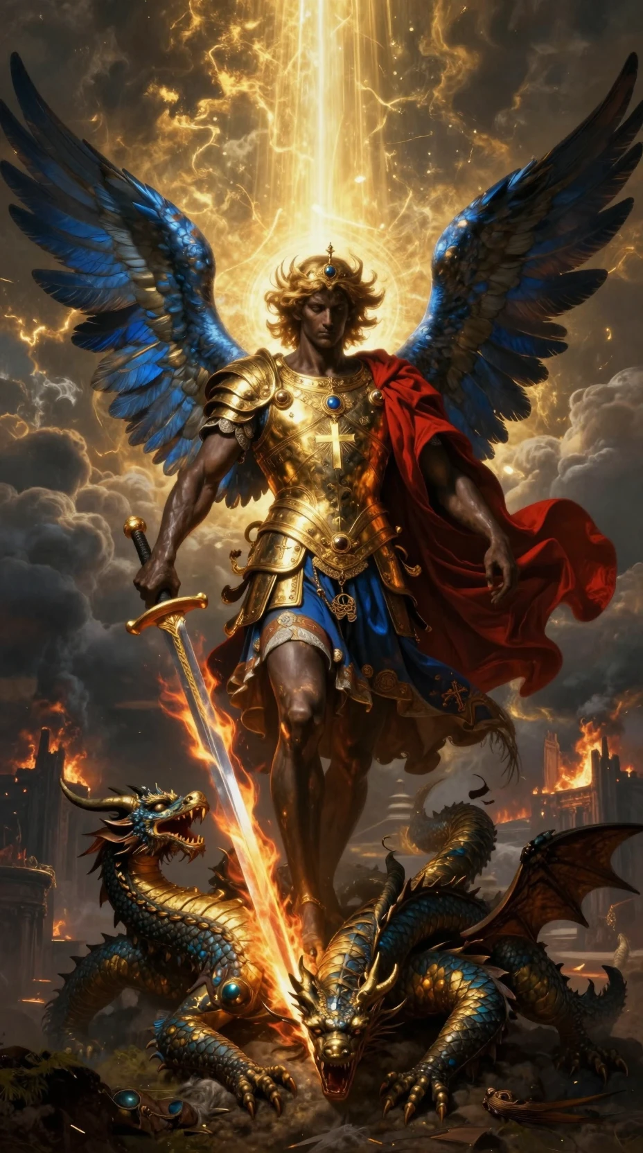 Archangel Michael Defeating A Seven Headed Dragon In Stormy Skies