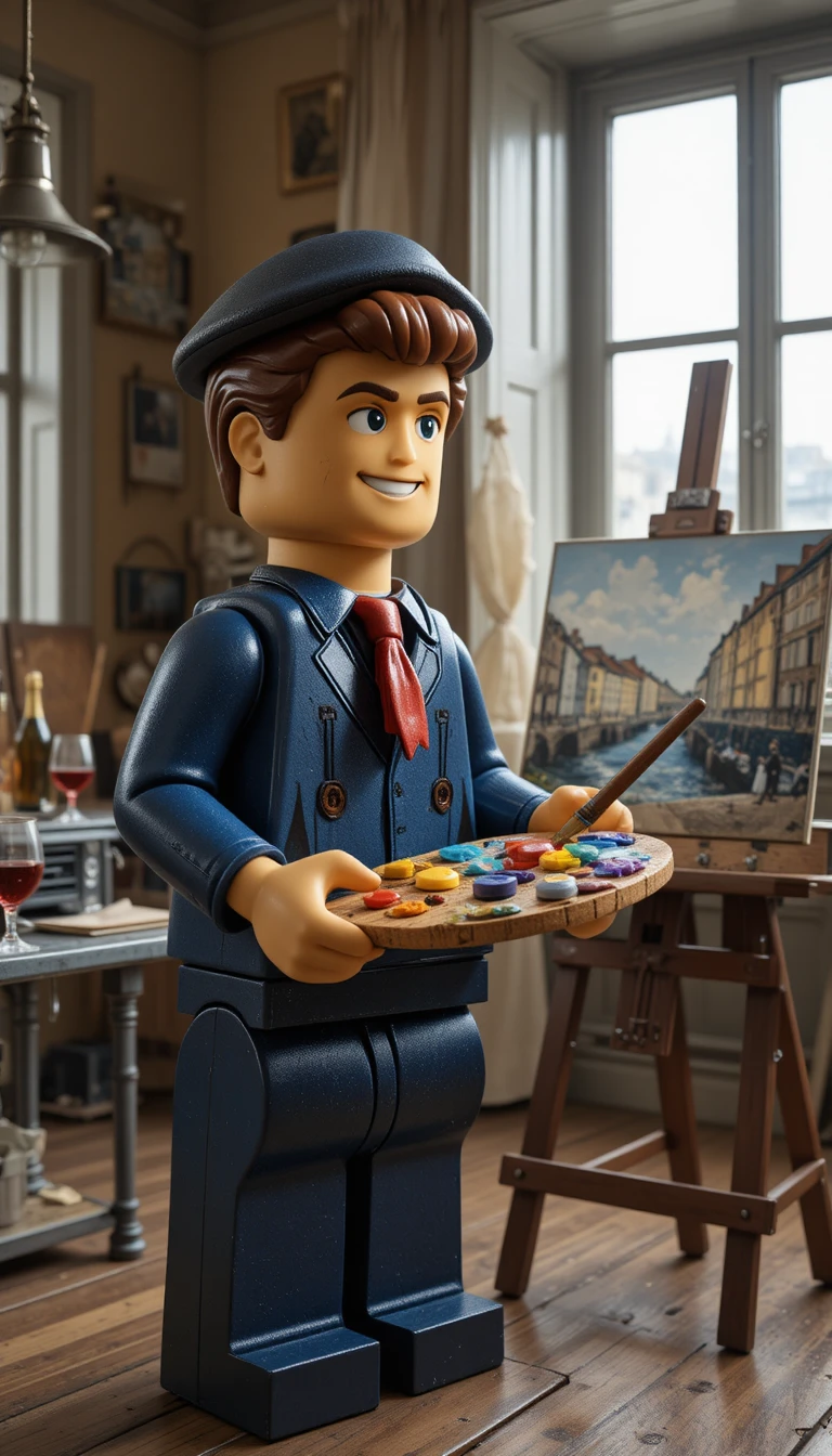 French painter in 1960s Paris studio with hybrid toy look