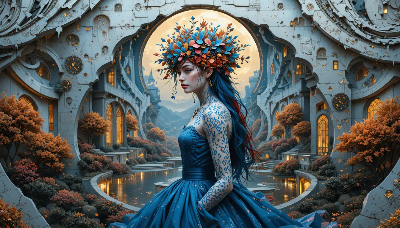 Blue haired pin up woman in gothic dress under moonlight