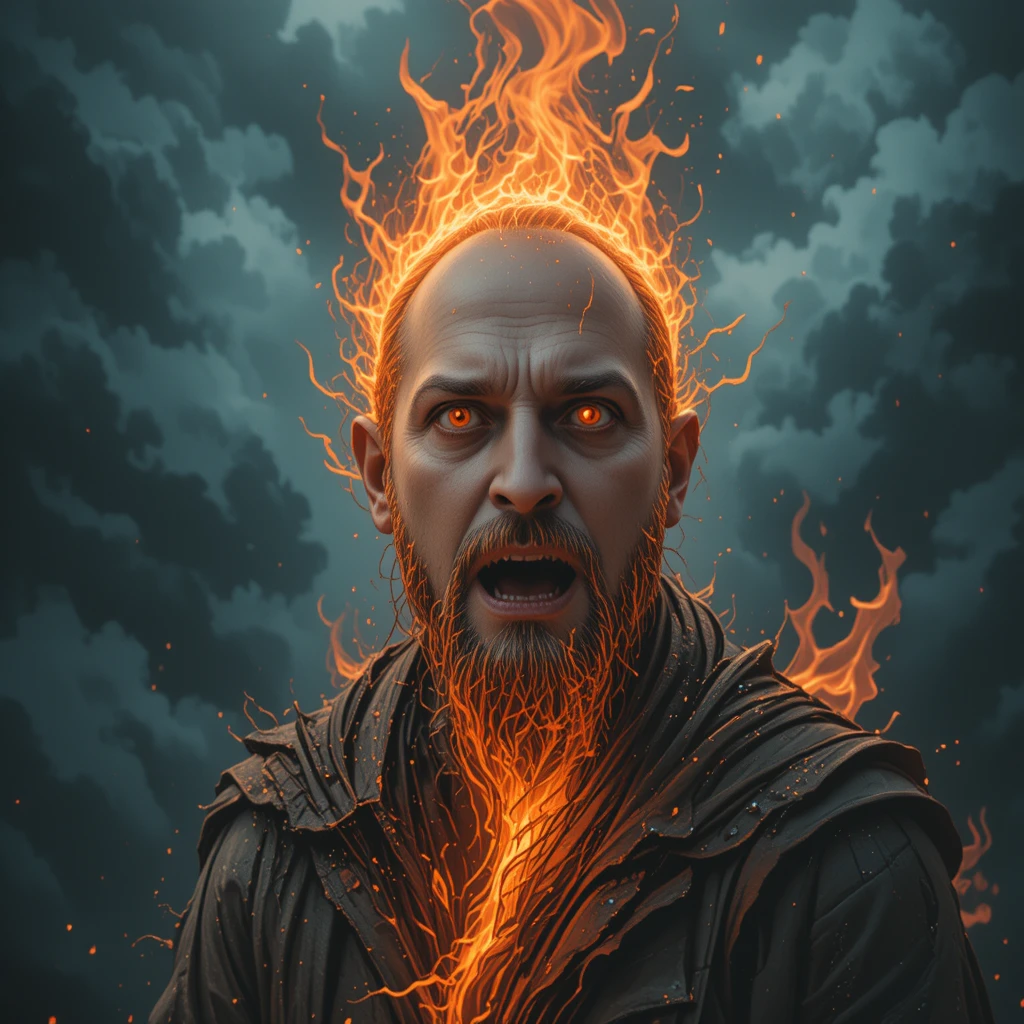 Fiery woman with blazing eyes against dark storm clouds